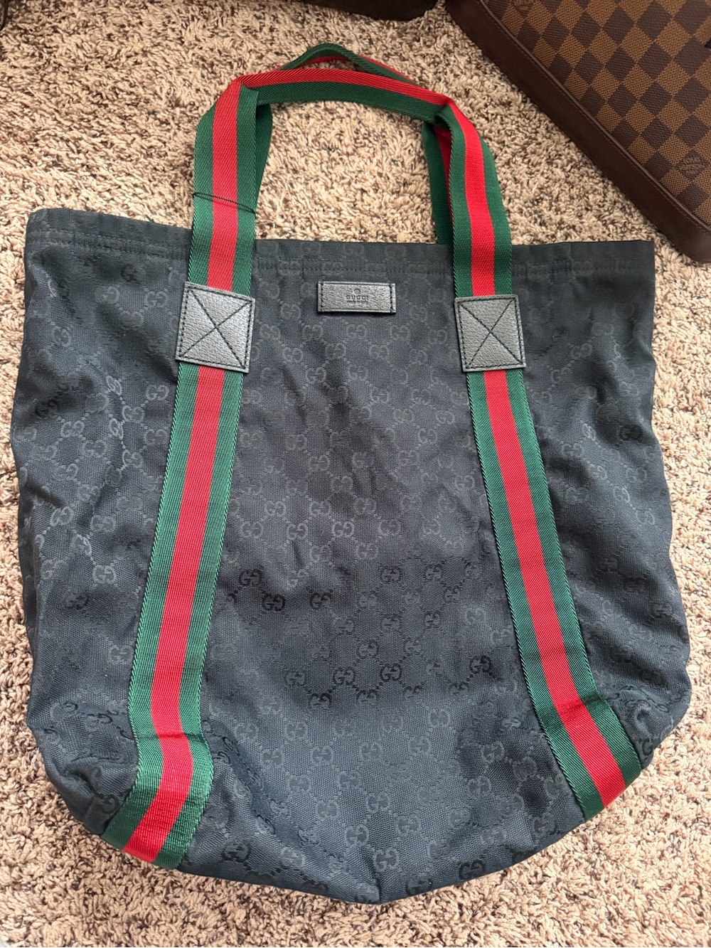 Black GG Canvas Web Tote with Green and Red Strap, great condition, kept stuffed